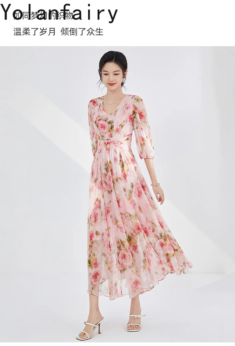 YOLANFAIRY 100% Real Silk Floral Dresses Woman Summer Clothes Elegant Mulberry Silk Pink Dress Romantic Women's Birthday Dress