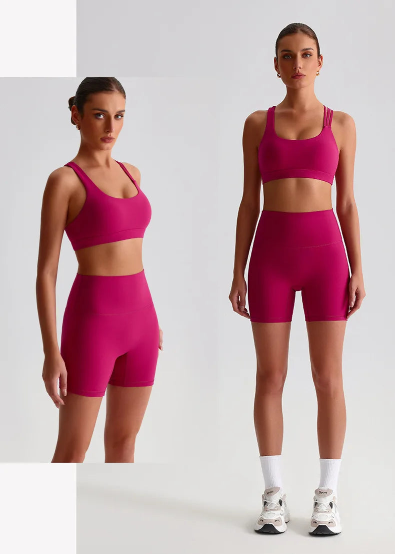 Solid Color High Impact Solid Gym Yoga Set Tight Legging Fitness Cross-back straps Bra Top 2pcs Soft Sport Suit  Women Sportwear