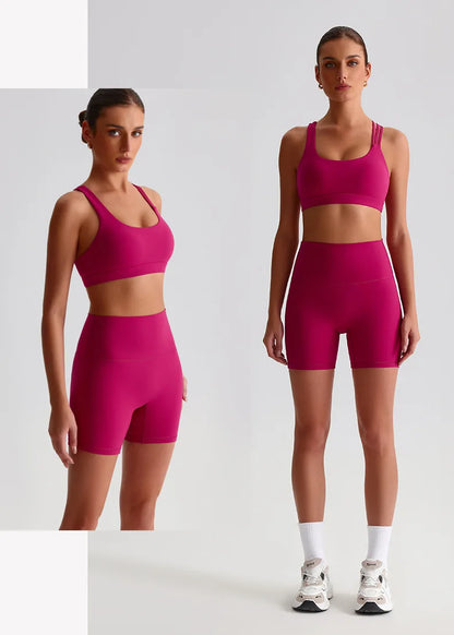 Solid Color High Impact Solid Gym Yoga Set Tight Legging Fitness Cross-back straps Bra Top 2pcs Soft Sport Suit  Women Sportwear