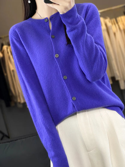 100% Merino Wool Sweater Women O-Neck Cardigan Basic Style  Buttoned Knitwear Female Casual Autumn Winter Soft Tops