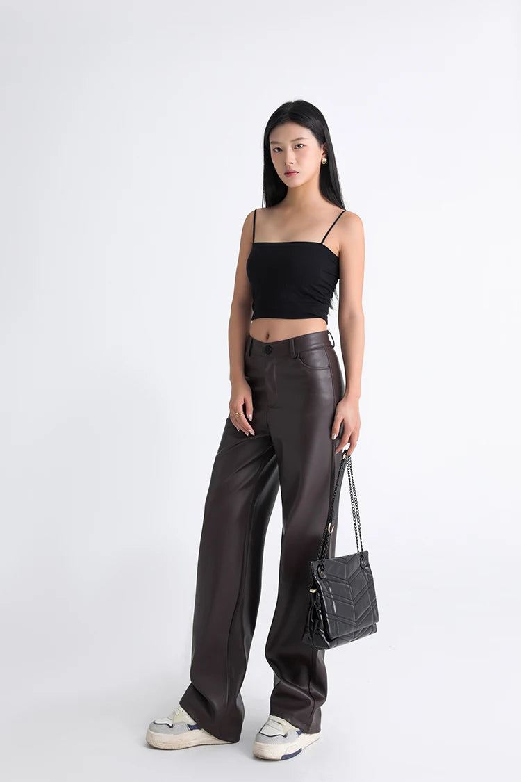 BIVIGAOS Fall Winter Fleece Loose Wide Leg Warm Leather Pants Women Button Pocket High Waist Thick PU Casual Straight Pants