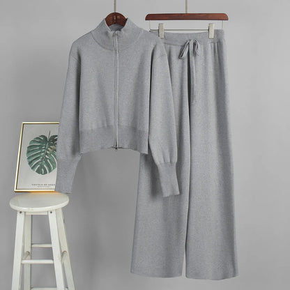 Women Cotton Knitted Cardigan Wide Leg Pants Suit Autumn and Winter Lady  Fashion Loose Daily Office Jacket Straight Pants 2Pcs