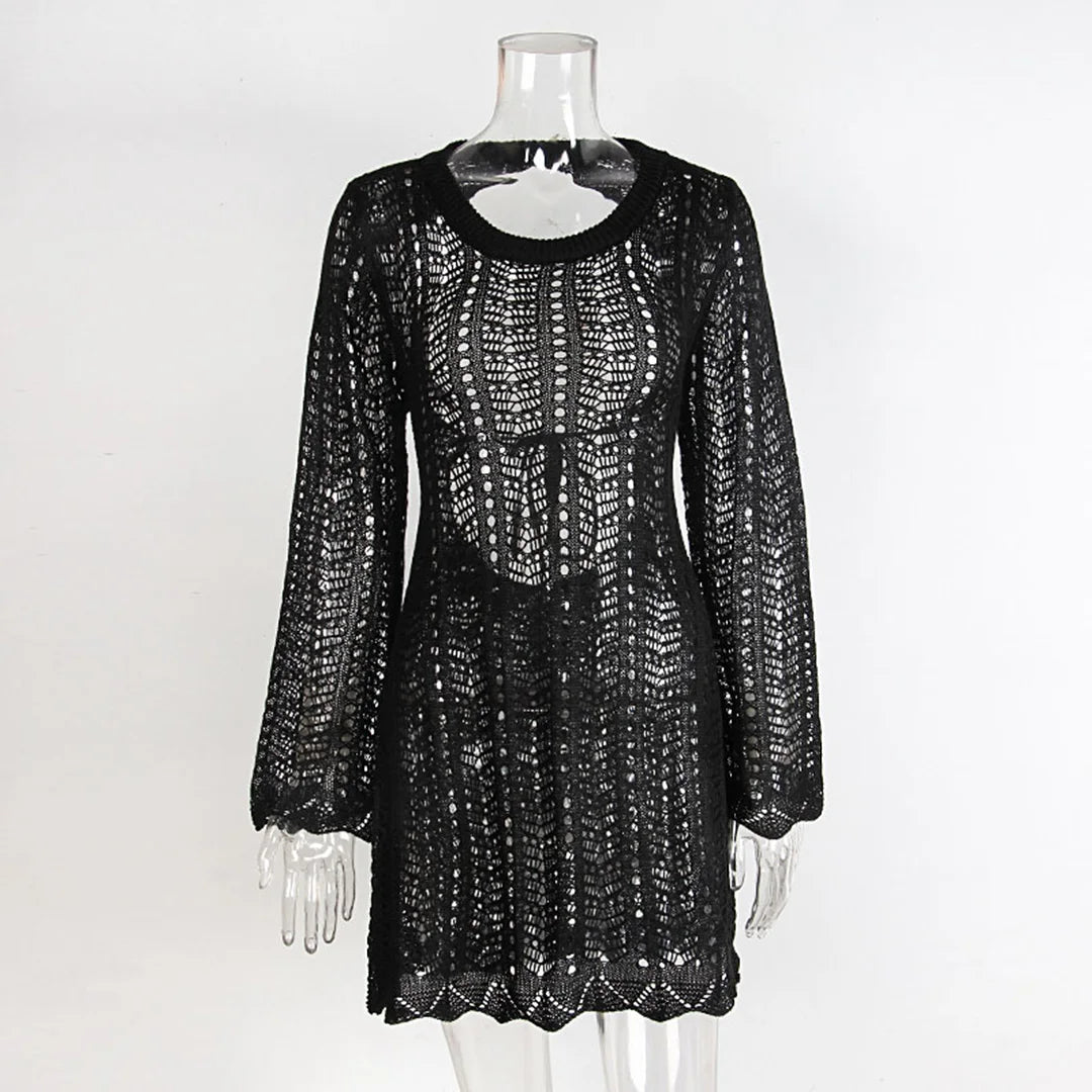 4 Colors Long Sleeve Backless Crochet Knitted Tunic Beach Cover Up Cover-ups Beach Dress Beach Wear Beachwear Female Women V5692