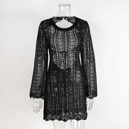 4 Colors Long Sleeve Backless Crochet Knitted Tunic Beach Cover Up Cover-ups Beach Dress Beach Wear Beachwear Female Women V5692