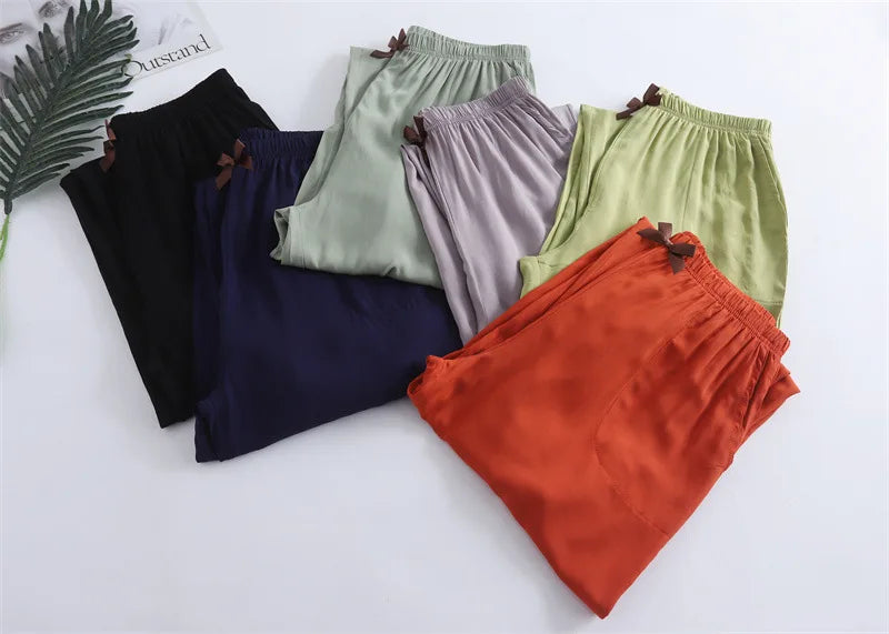 Spring and summer new women's trousers 100% viscose leg + straight casual breathable comfortable plus size home sleep pants cute