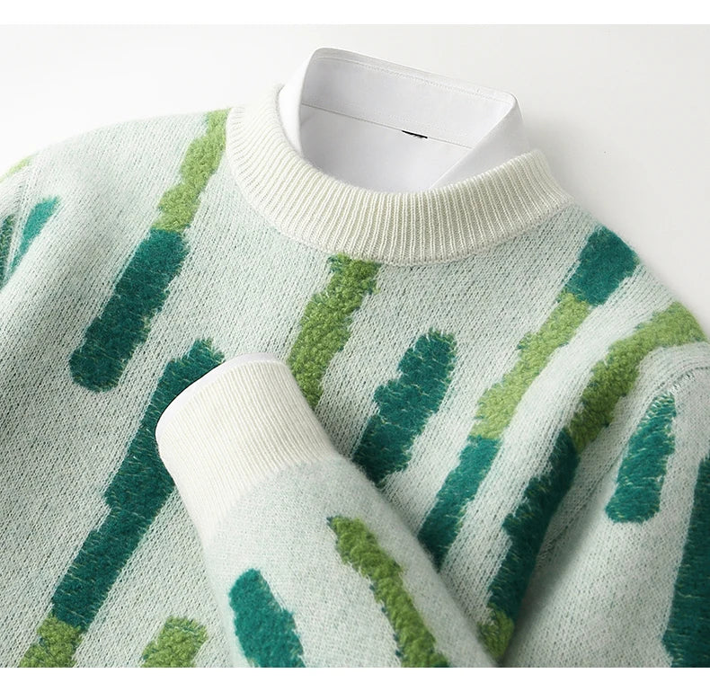 New 100% Pure Wool Men's O-neck Pullover 2025 Autumn/Winter Color Matching Top Casual Thick Fashion Large Size Jumper Sweater