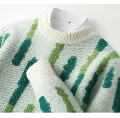 New 100% Pure Wool Men's O-neck Pullover 2025 Autumn/Winter Color Matching Top Casual Thick Fashion Large Size Jumper Sweater