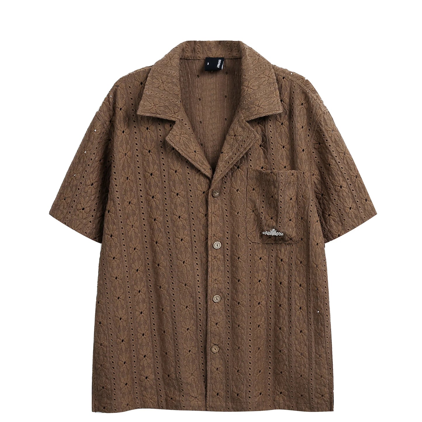2026 New Hawaiian Vacation Style Maillard Jacquard Hollow Out Cuban Collar Short Sleeved Shirt Loose Five Quarter Sleeved Shirt