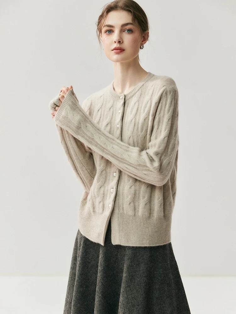 CHICUU Women's O-neck Cashmere Cardigan 100% Cashmere Sweater Cable Knit Preppy Style Cardigan Coat Autumn Winter Clothes Tops