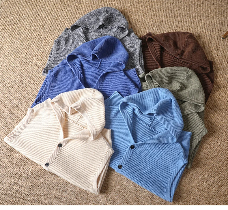 2025 Autumn/Winter Men's Vest 100% Merino Wool Knit Hooded Cardigan Casual Loose Sleeveless Solid Color Men's Cashmere Sweater