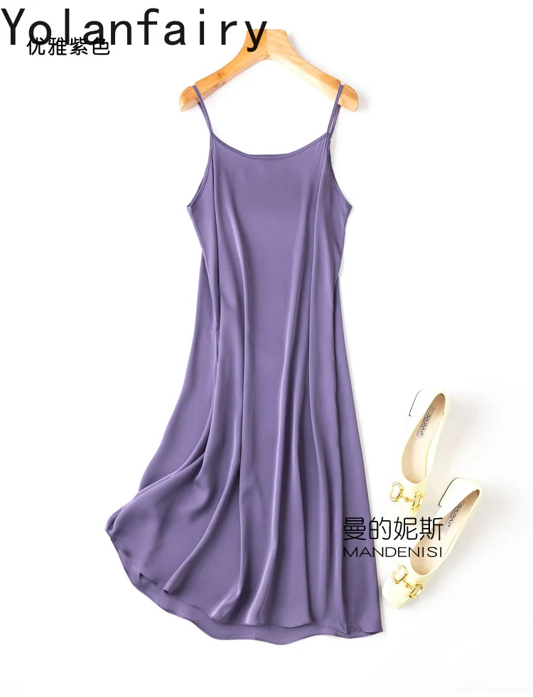 YOLANFAIRY 19momme 93% Mulberry Silk Spaghetti Strap Dress for Women Elegant Mid-length Sexy Real Silk Summer Dresses Woman 원피스