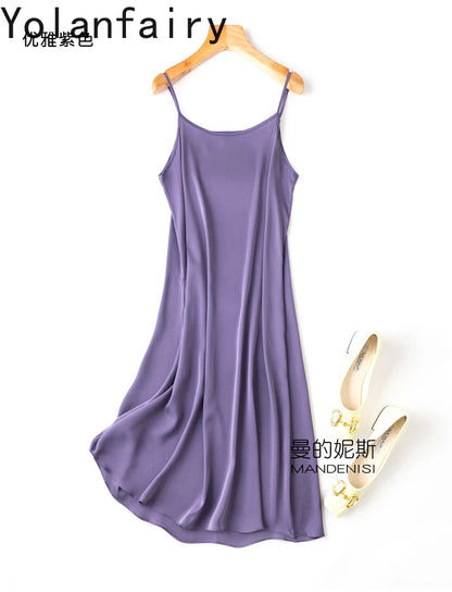 YOLANFAIRY 19momme 93% Mulberry Silk Spaghetti Strap Dress for Women Elegant Mid-length Sexy Real Silk Summer Dresses Woman 원피스