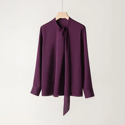 YOLANFAIRY 93% Real Mulberry Silk Shirts for Women Spring 2026 Elegant Solid Long Sleeve Shirt Woman Top Ribbon OL Blouses Trend