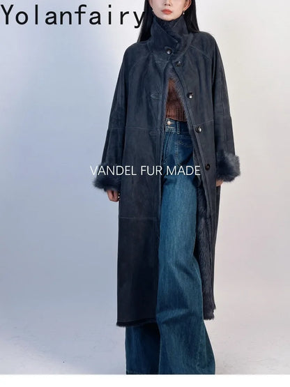 YOLANFAIRY Real Goatskin Leather Fur Coats for Women Winter High-end Natural Fur Coat Lazy Style Long Leather Jacket Luxury Wear