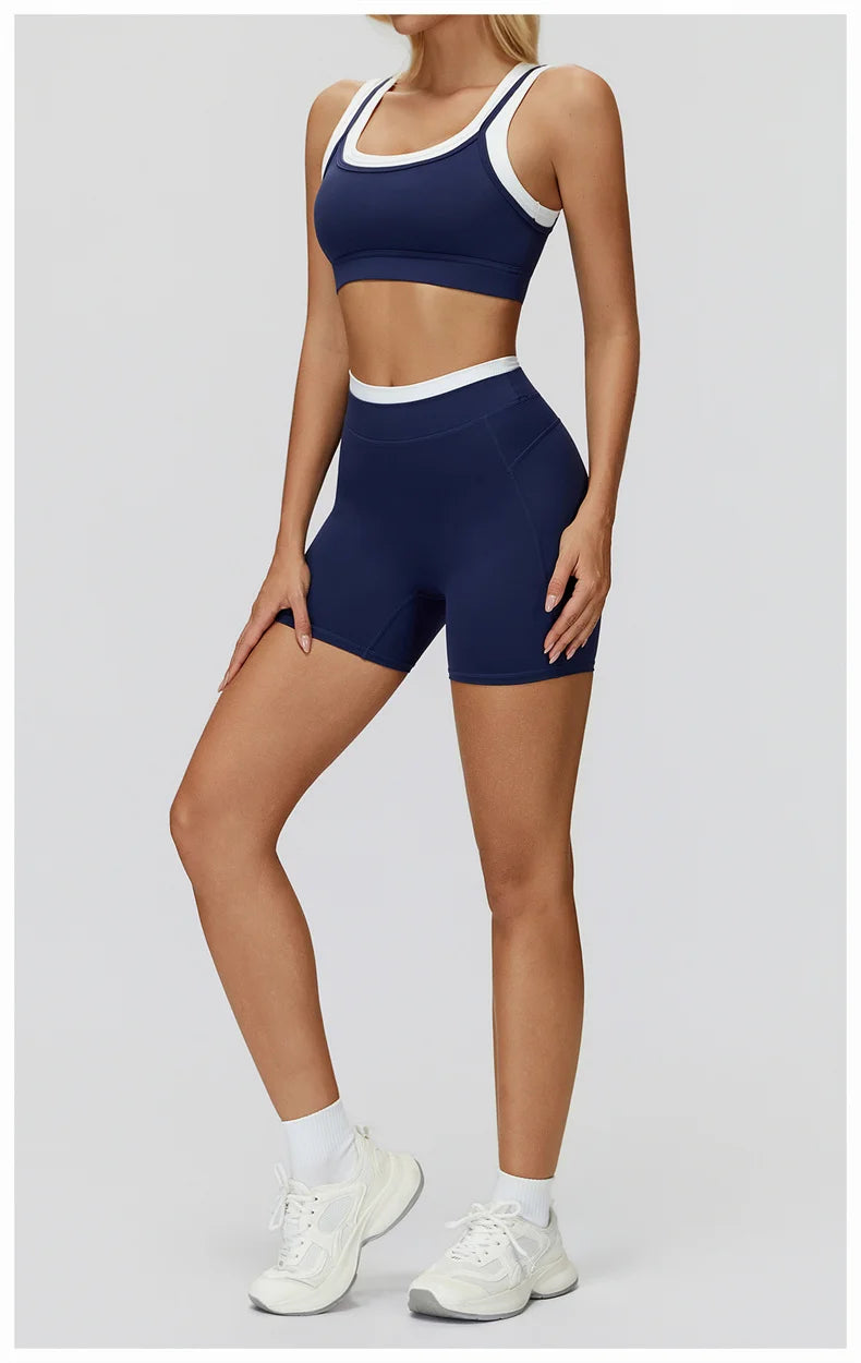 TRY TO BN Yoga Shorts Sets Women's Tracksuit Two Fake Pieces Sports Ribbed Contrasting Color Workout Running Fitness Gym Clothes