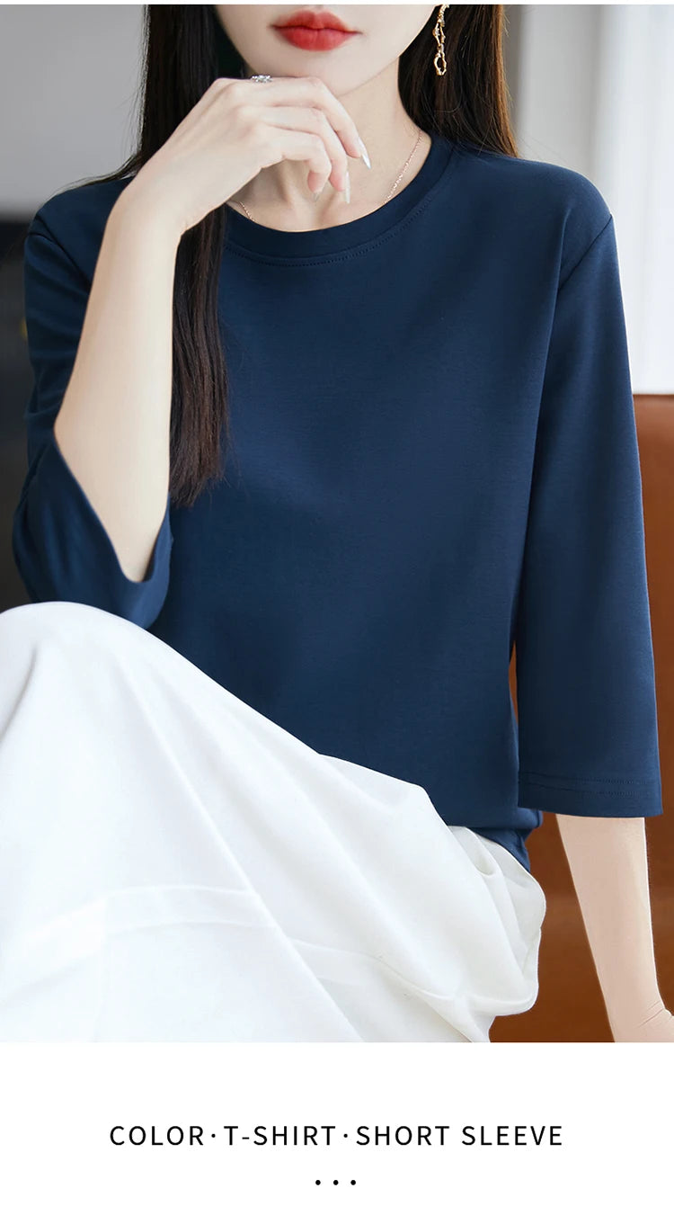 Spring And Summer New White Mercerized Cotton Short Sleeve T-Shirt Feminine Joker Cotton Cropped Sleeve Bottoming Shirt
