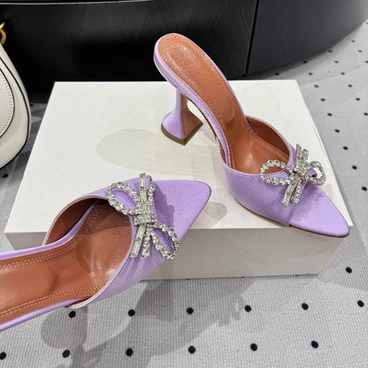 New Bow Rhinestone High-heeled Sandals Sexy Open-toed Fish Mouth Pointed Rear Empty Cool Slippers Women