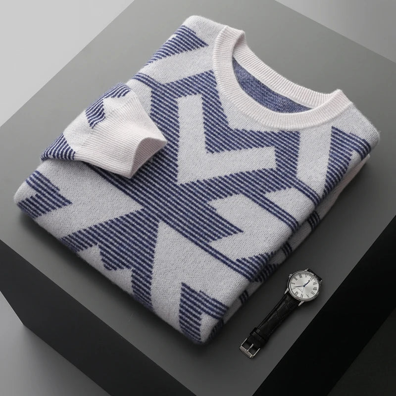 Men's Autumn Winter New 100% Cashmere O-Neck Sweater Fashion Knitted Jacquard Pullover Top Color blocked Thickened Men's Wear