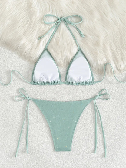 Shiny Sparkling Halter Strappy Bikini 2025 High Cut Bikinis Female Swimsuit Women Swimwear Two-pieces Bikini Set Bathing Suit