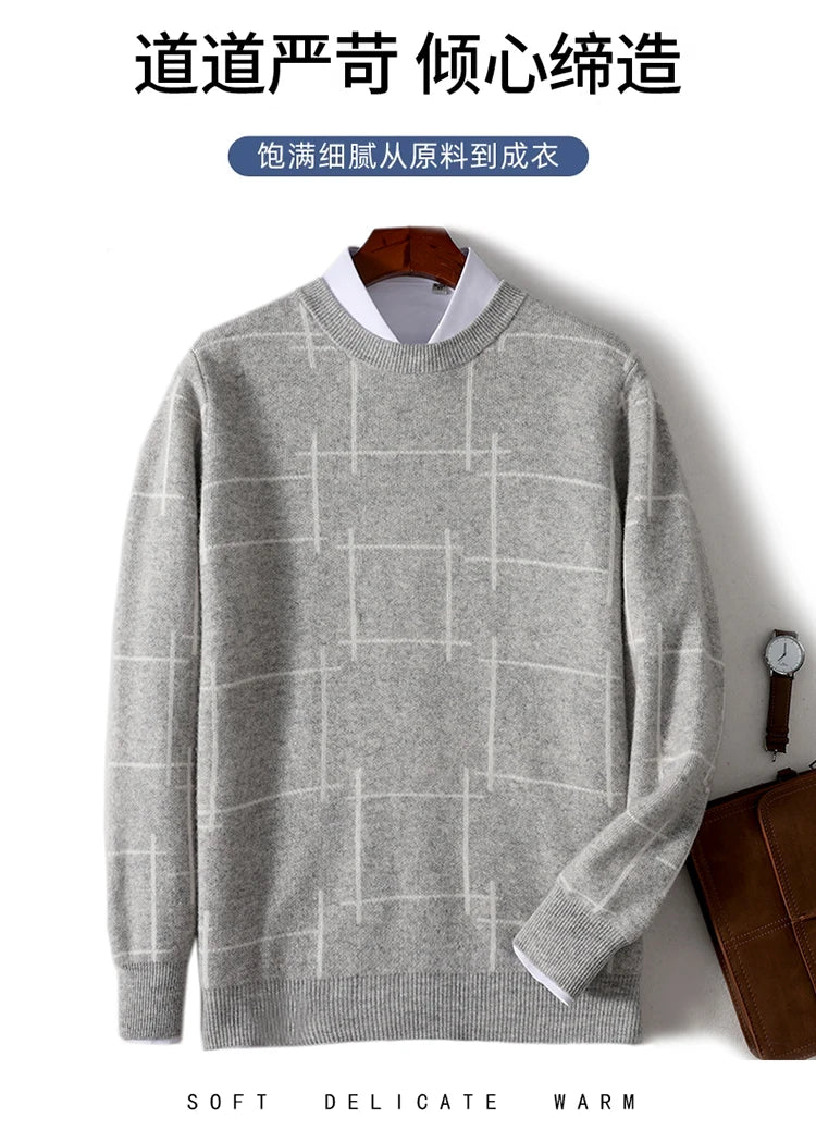 Autumn/Winter 100% Pure Wool Men's O-Neck Thick Business Sweater Loose Casual Wool Knit Bottoming Shirt Men's Sweater