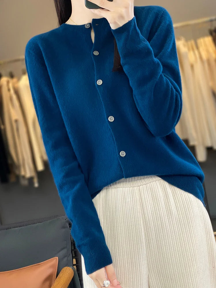 100% Merino Wool Sweater Women O-Neck Cardigan Basic Style  Buttoned Knitwear Female Casual Autumn Winter Soft Tops