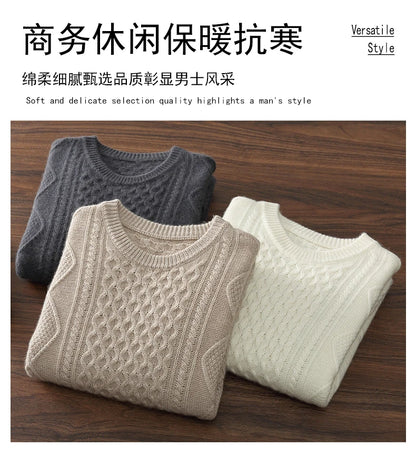 Men's 100% Cashmere Sweater Round Neck Autumn Winter Warm Clothing Jacquard Checkered Pullover Sweater Knitted Bottom Shirt Tops
