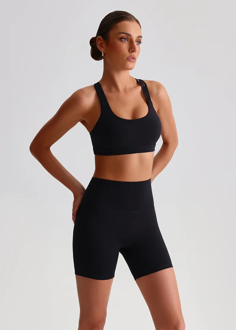 Solid Color High Impact Solid Gym Yoga Set Tight Legging Fitness Cross-back straps Bra Top 2pcs Soft Sport Suit  Women Sportwear
