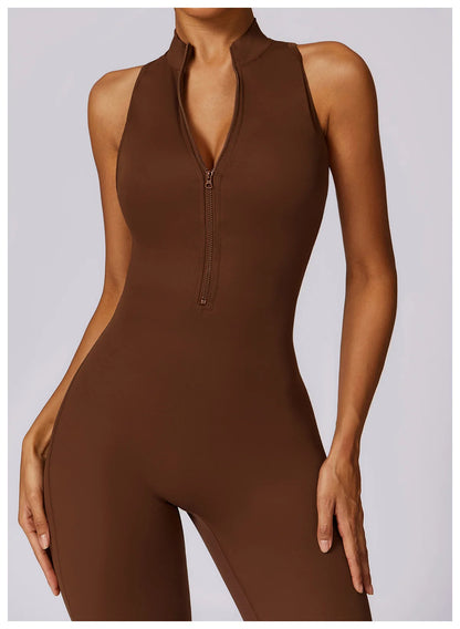 Summer V Back One-piece Suit Women Sports Jumpsuit Zippers Yoga Rompers Backless Sportswear Women Sleeveles Workout Bodysuits