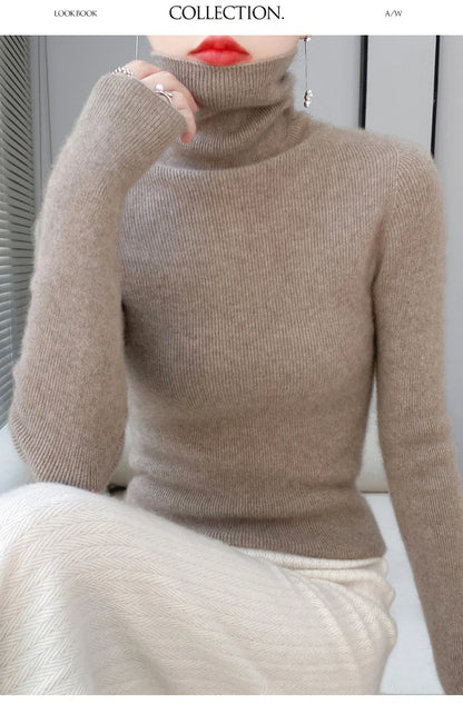 100% Merino Wool Long-sleeved Turtleneck Pullover Women's Autumn Winter Slim Sweater Basic Women's Clothes Cashmere Sweater