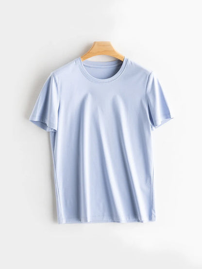SuyaDream Women Solid T shirts, Silk Cotton Blend, O Neck, Short Sleeved Solid Tee,2025 Summer Candy Colors Basic Cozy Top Green