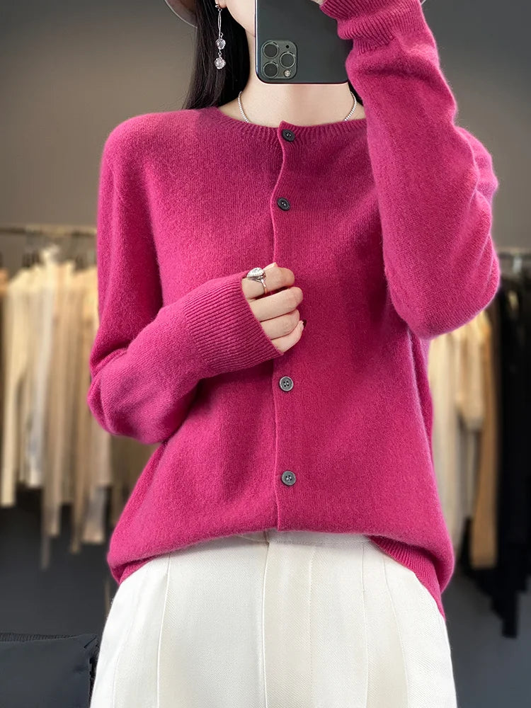 100% Merino Wool Sweater Women O-Neck Cardigan Basic Style  Buttoned Knitwear Female Casual Autumn Winter Soft Tops