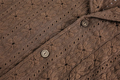 2026 New Hawaiian Vacation Style Maillard Jacquard Hollow Out Cuban Collar Short Sleeved Shirt Loose Five Quarter Sleeved Shirt