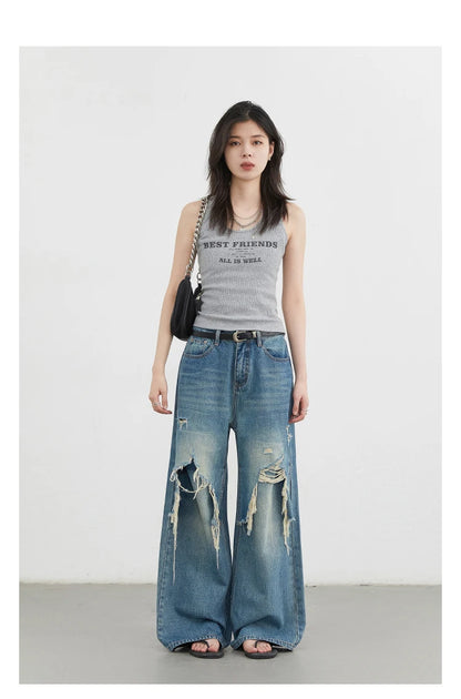 CHIC VEN Women Jeans Loose Casual High Waisted Wide Leg Ripped Rough Edge Denim Pants Female Trousers Spring Autumn 2025