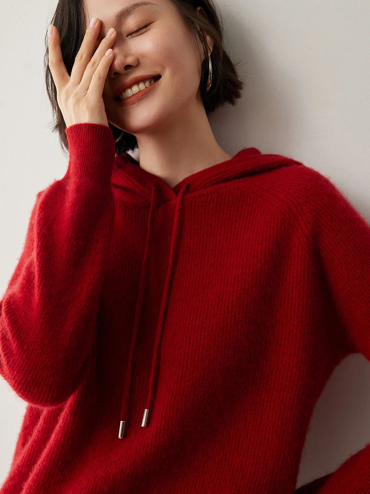 CHICUU Autumn Winter Women Hoodie Pullover Sweater 100% Cashmere Knitwear Soft Warm Casual Style Hooded Sweater Tops