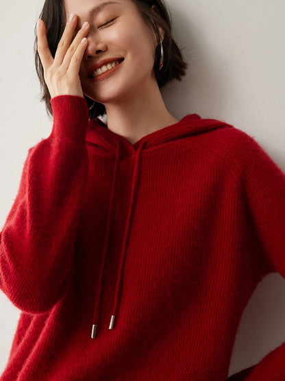 CHICUU Autumn Winter Women Hoodie Pullover Sweater 100% Cashmere Knitwear Soft Warm Casual Style Hooded Sweater Tops
