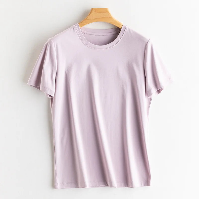 SuyaDream Women Solid T shirts, Silk Cotton Blend, O Neck, Short Sleeved Solid Tee,2025 Summer Candy Colors Basic Cozy Top Green