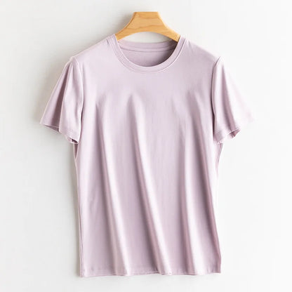 SuyaDream Women Solid T shirts, Silk Cotton Blend, O Neck, Short Sleeved Solid Tee,2025 Summer Candy Colors Basic Cozy Top Green