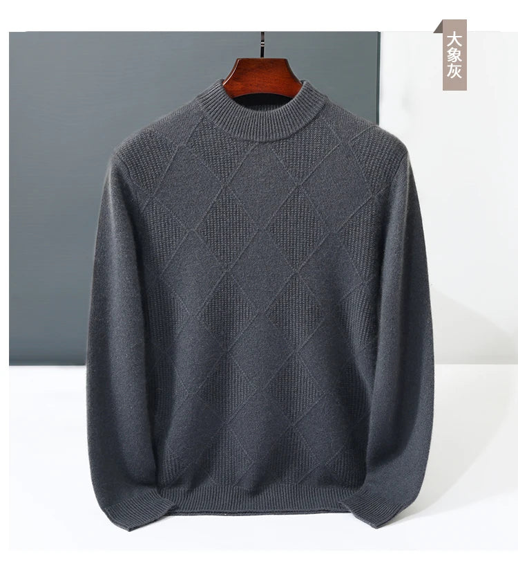 Autumn Winter New Style 100% Goat Cashmere Men's Mock Neck Diamond Knitted Base Shirt Casual Business Top Fashionable Knitwear