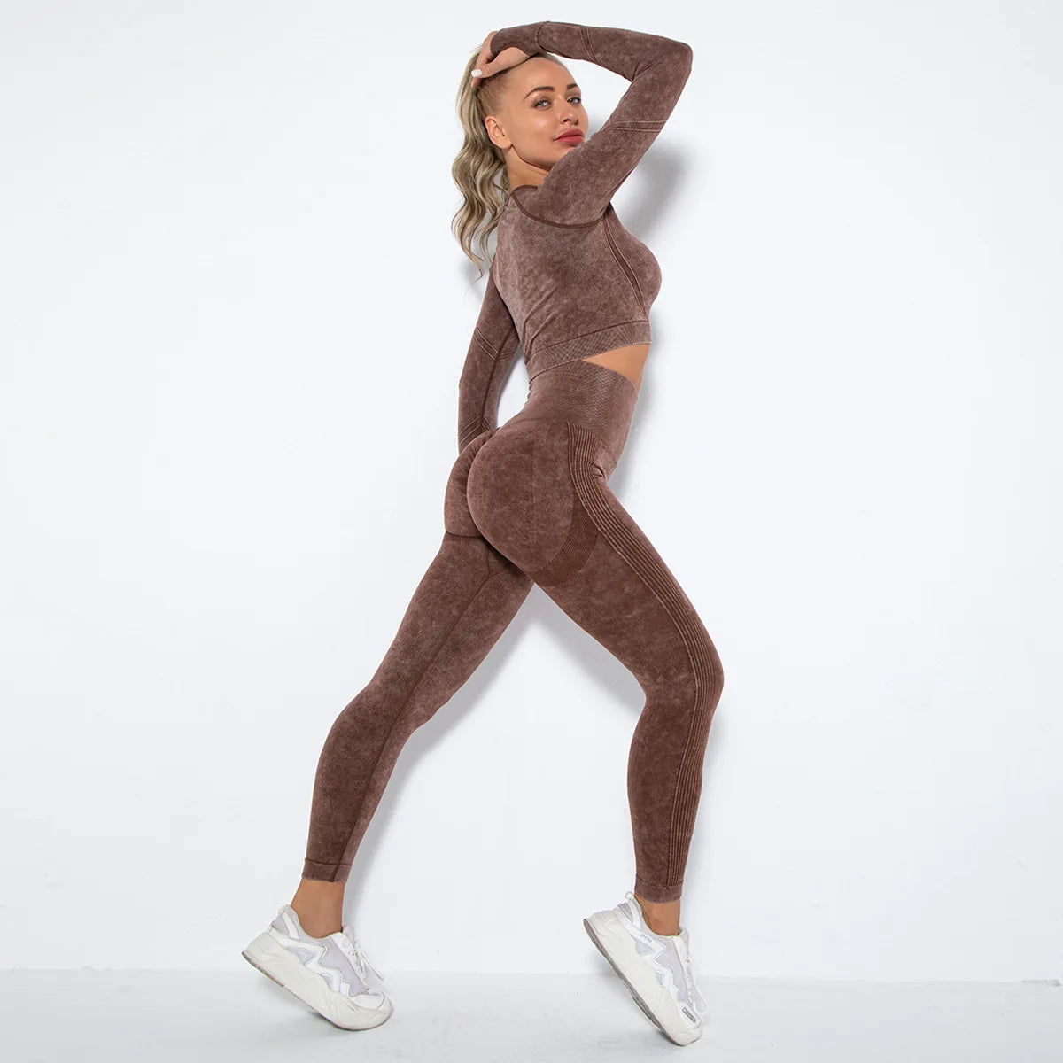Women Seamless Tracksuit Yoga Set 2PCS Workout Clothes Athletic Wear Gym Legging Fitness Bra Crop Top Long Sleeve Sports Suits
