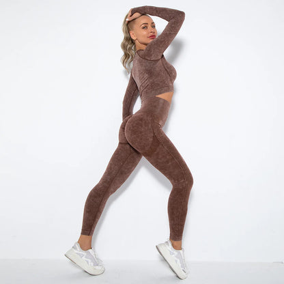 Women Seamless Tracksuit Yoga Set 2PCS Workout Clothes Athletic Wear Gym Legging Fitness Bra Crop Top Long Sleeve Sports Suits