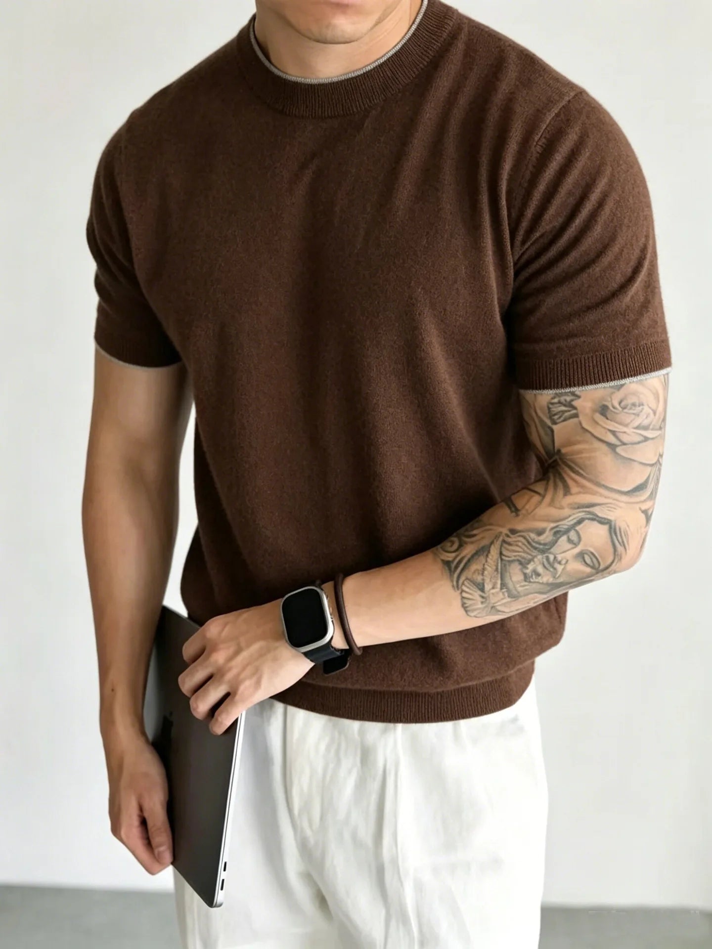 Light Luxury Cashmere Blend Anti Pilling Knitted Short Sleeved Round Neck T-shirt for Men, Retro Casual Business Summer Shirt