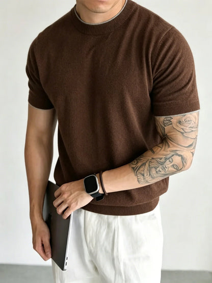 Light Luxury Cashmere Blend Anti Pilling Knitted Short Sleeved Round Neck T-shirt for Men, Retro Casual Business Summer Shirt