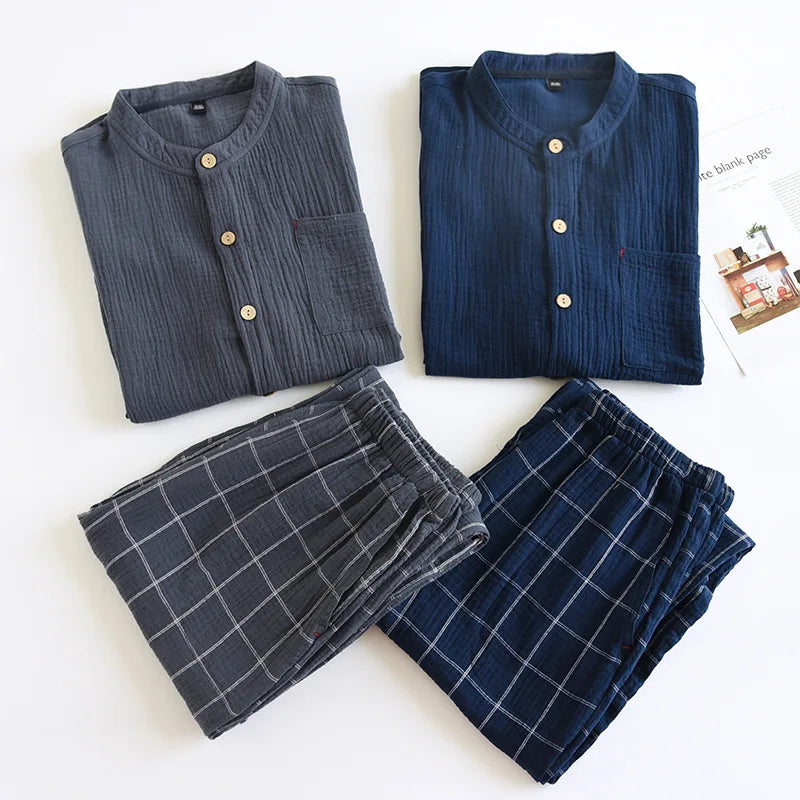 2026 Japanese style new couple sleepwear set 100% cotton crepe fabric long sleeved long pants two-piece home wear pajama