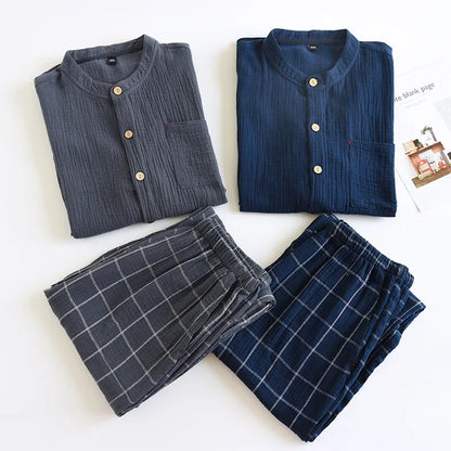 2026 Japanese style new couple sleepwear set 100% cotton crepe fabric long sleeved long pants two-piece home wear pajama