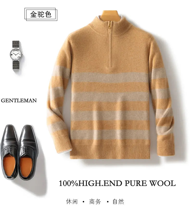 Men's 100% Merino Wool Sweater Half-high Collar Half Zip Thick Pullover Autumn Winter Cashmere Stripe Knitwear Long Sleeved Tops