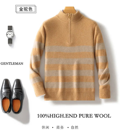 Men's 100% Merino Wool Sweater Half-high Collar Half Zip Thick Pullover Autumn Winter Cashmere Stripe Knitwear Long Sleeved Tops