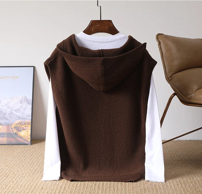 2025 Autumn/Winter Men's Vest 100% Merino Wool Knit Hooded Cardigan Casual Loose Sleeveless Solid Color Men's Cashmere Sweater