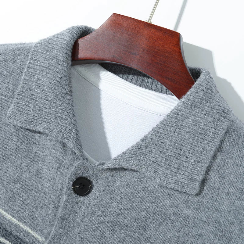 100% Merino Wool Men's Lapel Collar Knit Cardigan Coat 2025 Spring/ Autumn New POLO Neck Business Casual Cashmere Jacket Sweater