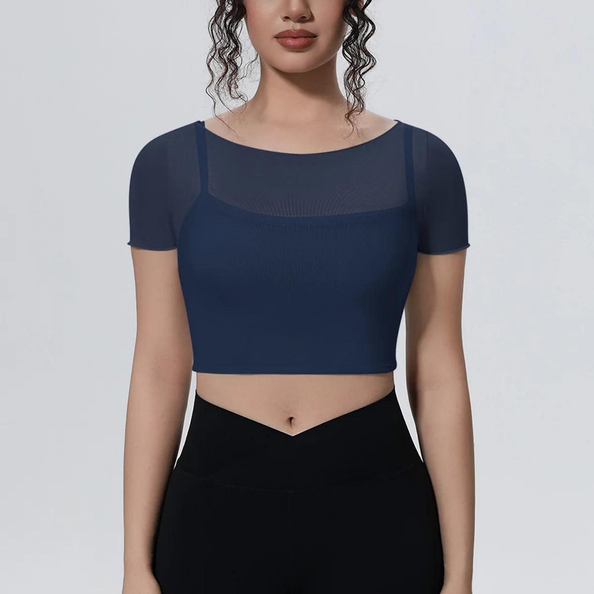 Hearuisavy Women's Mesh Short Sleeve Yoga Top With Padded Bra Fake Two Piece Gym Clothing Quick Dry Sports Crop Top Fitness Top