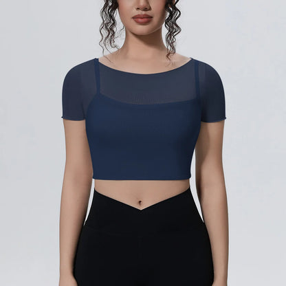 Hearuisavy Women's Mesh Short Sleeve Yoga Top With Padded Bra Fake Two Piece Gym Clothing Quick Dry Sports Crop Top Fitness Top